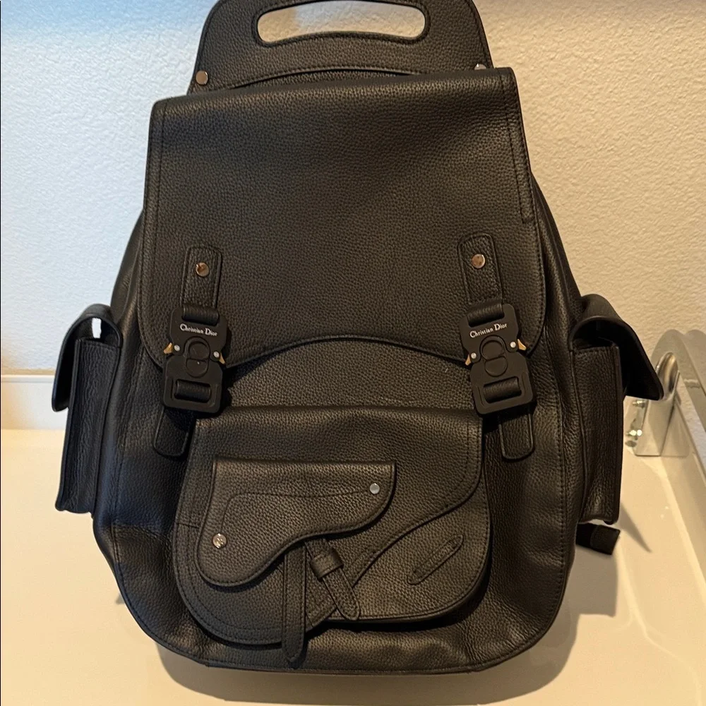 Designer Black Pebbled Leather Men's Backpack
